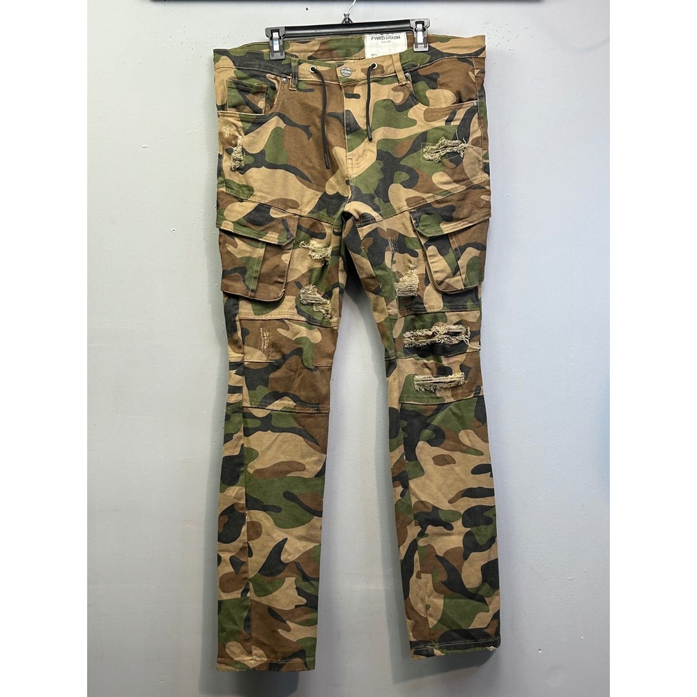 FWRD Denim Pants‎ Mens 42x34 Green Camo Fit 1 Slim Distressed Rip Cargo Utility